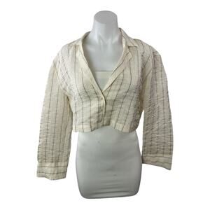Zara Women's Cream Striped Crinkled Long Sleeve Cropped Blazer Shirt Top Size XS